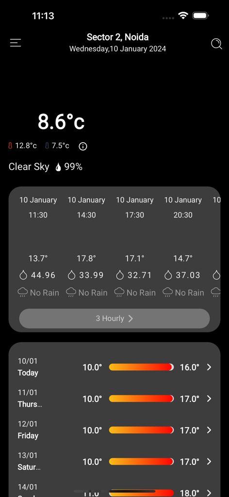 Mausam - Pantalla de la aplicación Mausam que muestra el pronóstico del tiempo para el Sector 2 de Noida con temperatura y perspectiva diaria
