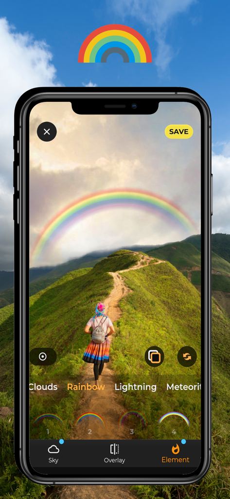 Sky Editor - SkyPic - A woman hiking on a green mountain path with a vibrant rainbow added to the sky using SkyPic editor.