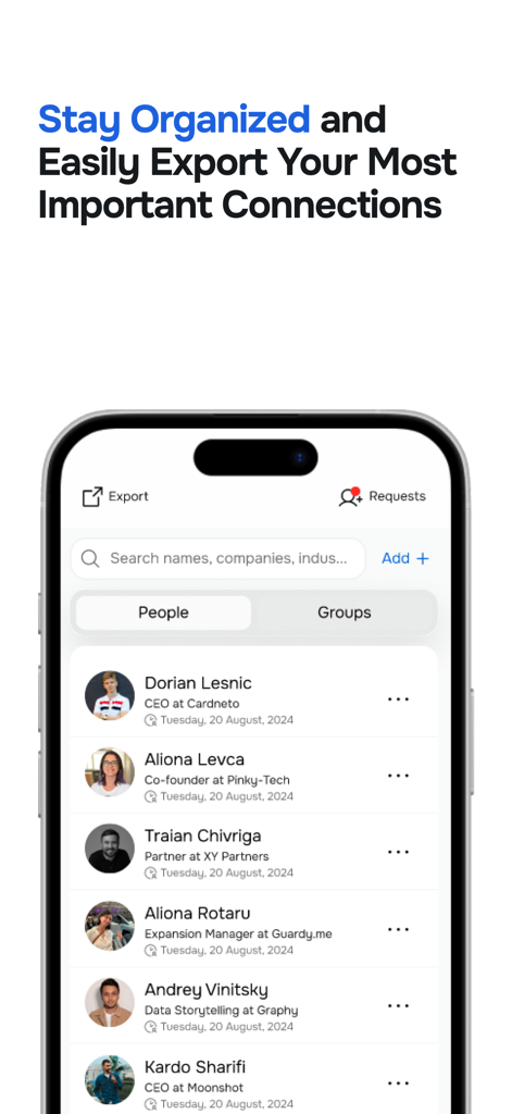 Cardneto – Event Networking - Schermata dell'app Cardneto che mostra l'elenco dei contatti professionali e la funzione di esportazione per il networking.