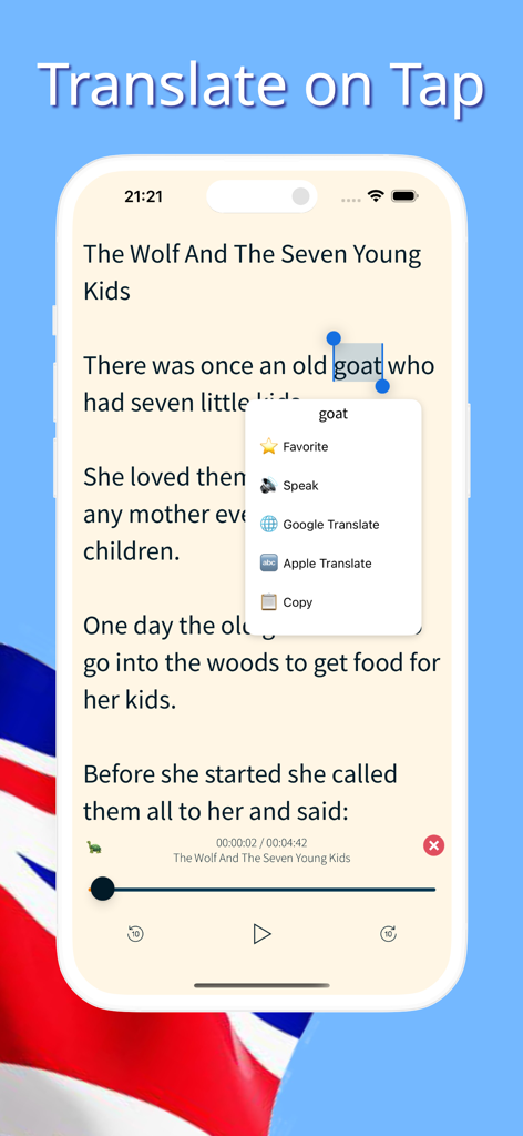 Mobile app screenshot showing the translate on tap feature for English learners reading a classic story