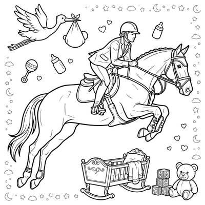 Discover a delightful blend of equestrian elegance and baby shower charm with this unique coloring page. Featuring a graceful hunter jumper and sweet nursery elements, it's perfect for all ages.