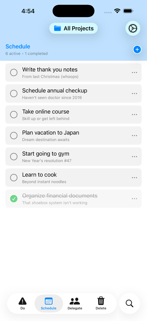 (nothing) To Do - Minimalistische Aufgabenlistenansicht in der nothing To Do-App, die die Kategorie 'Planen' für wichtige, aber nicht dringende Aufgaben anzeigt.