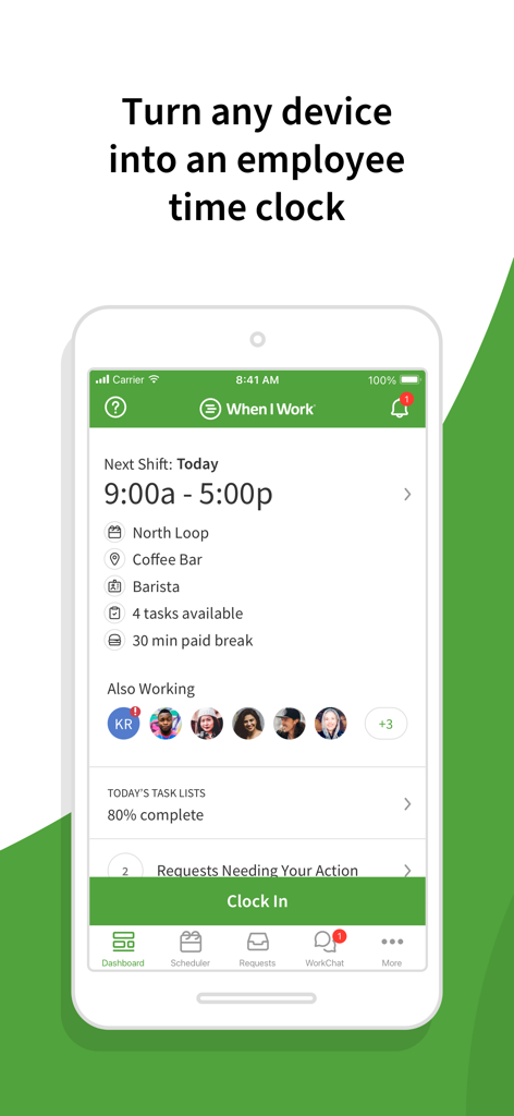 Dashboard dell'app mobile When I Work che mostra un turno da barista e un pulsante verde di clock-in