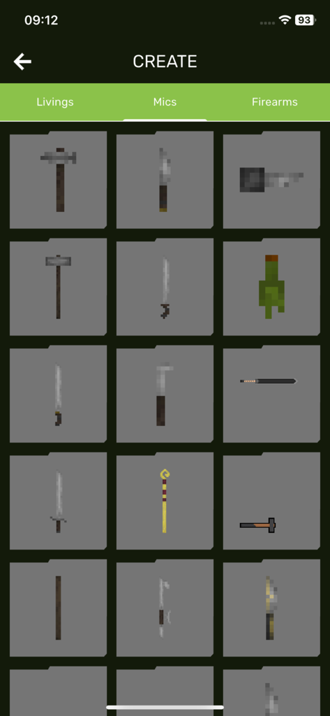 Nolem Playland Addons - Pixel art item creation menu for Melon Sandbox addons featuring various melee weapons and tools