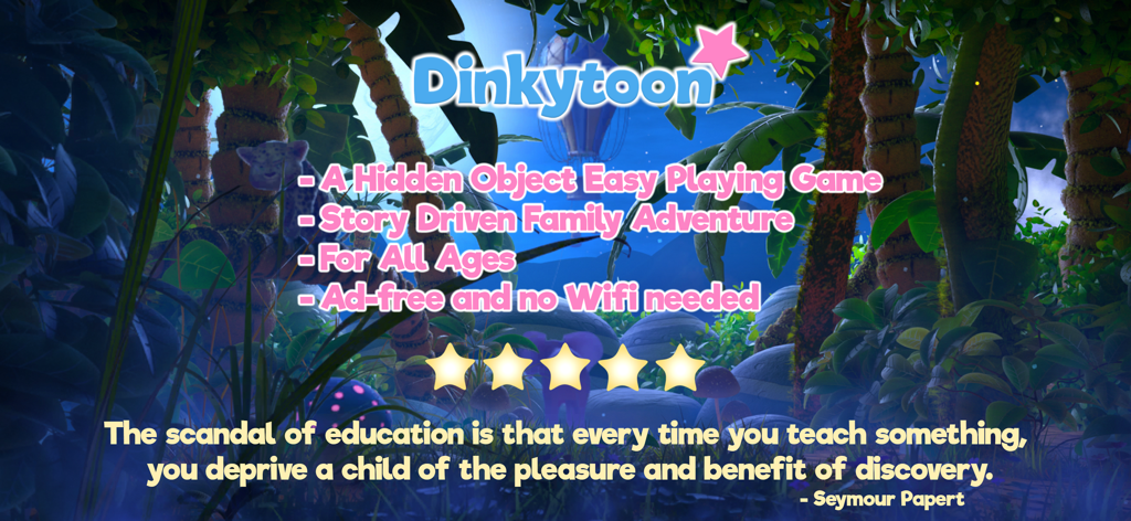 Dinkytoon Interactive Stories - Pantalla introductoria de la aplicación Dinkytoon que muestra un fondo de jungla con características del juego y una cita educativa sobre el descubrimiento