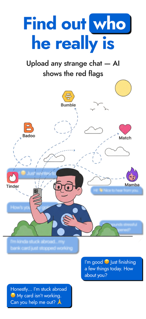 PimEyes AI: AI Checker - Infographic showing how PimEyes AI analyzes chats to identify red flags and fake profiles across dating apps like Tinder and Bumble.