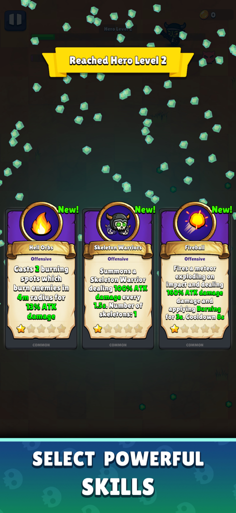 Rise of Necromancer - Una pantalla de selección de habilidades en Rise of Necromancer donde los jugadores eligen entre Orbes Infernales, Guerreros Esqueleto y hechizos de Bola de Fuego.