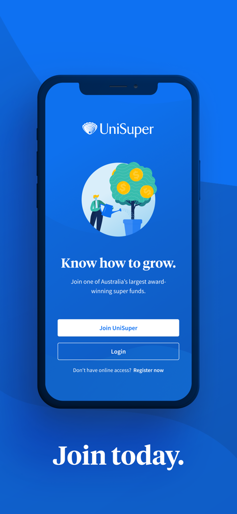 UniSuper mobile app welcome page showing login and registration options with a decorative money tree illustration
