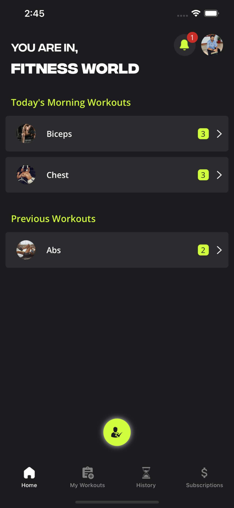 stamm.fit: For Gyms & Clients - Panel de la aplicación móvil Stamm fit que muestra los entrenamientos matutinos diarios y el historial de entrenamiento