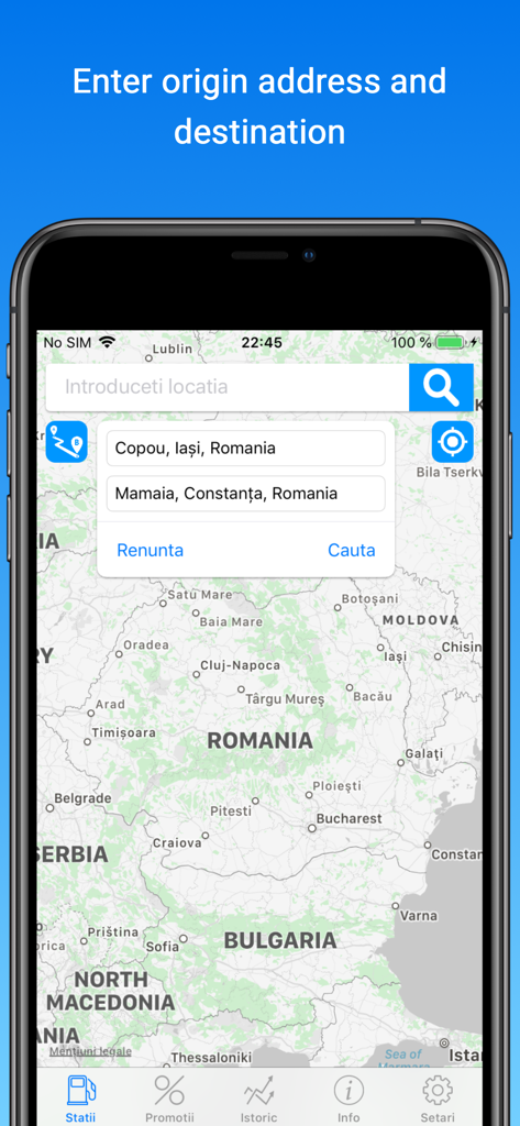 Peco Online App Routenplaner-Oberfläche mit Start- und Ziel-Feldern über einer Karte von Rumänien