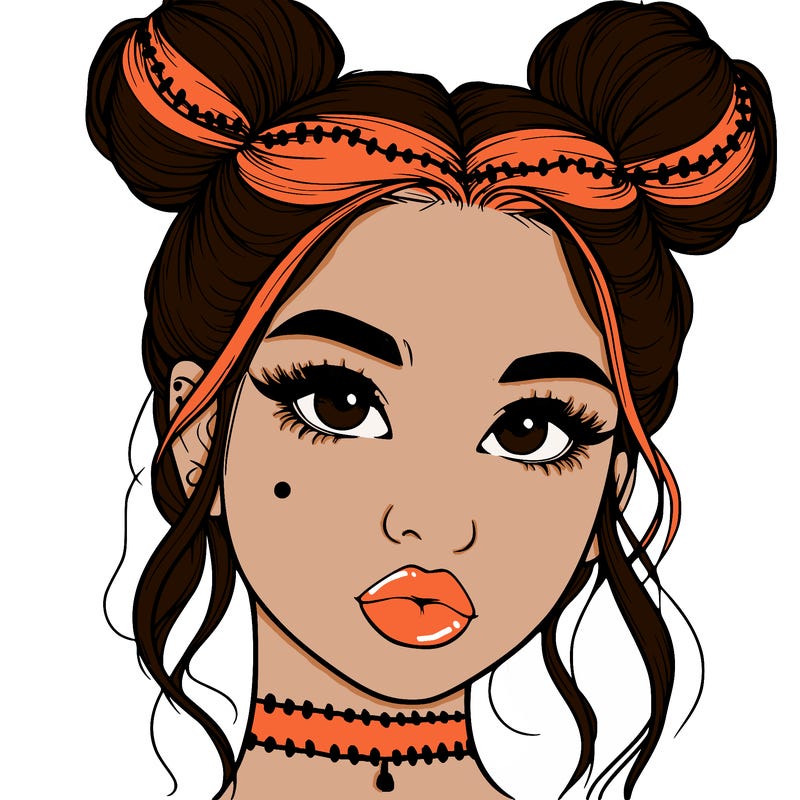 realistic girl with two buns on her hair and lips