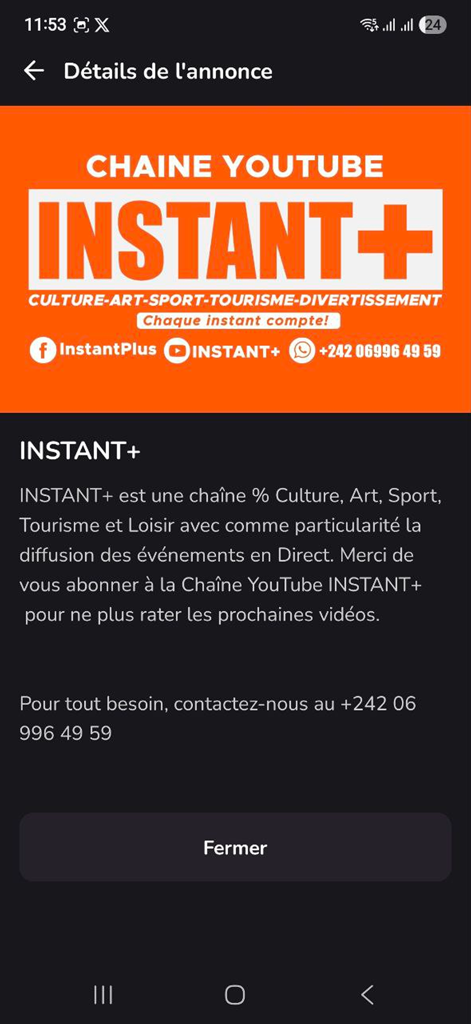 Rhodium - Mobile app screen showing a promotion for the Instant Plus YouTube channel specializing in culture art and sports