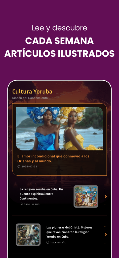 Yoruba App – Cultura Ifá - Interfaz de Yoruba App mostrando una lista de artículos ilustrados sobre cultura y religión yoruba