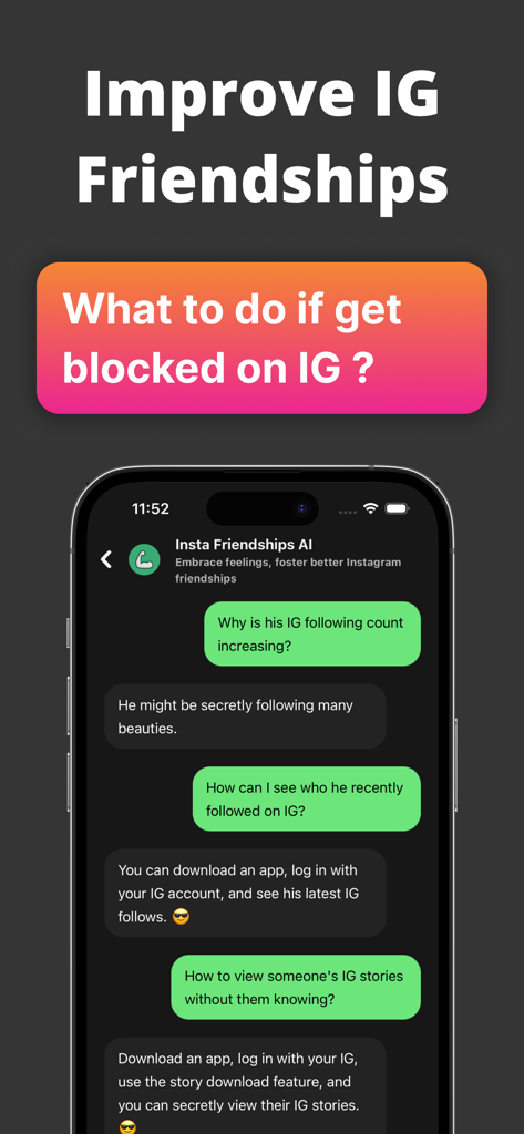 Report for Recent Followアプリのスクリーンショットで、Instagramのフォローの追跡とシークレットストーリーの視聴に関するAIチャットが表示されています
