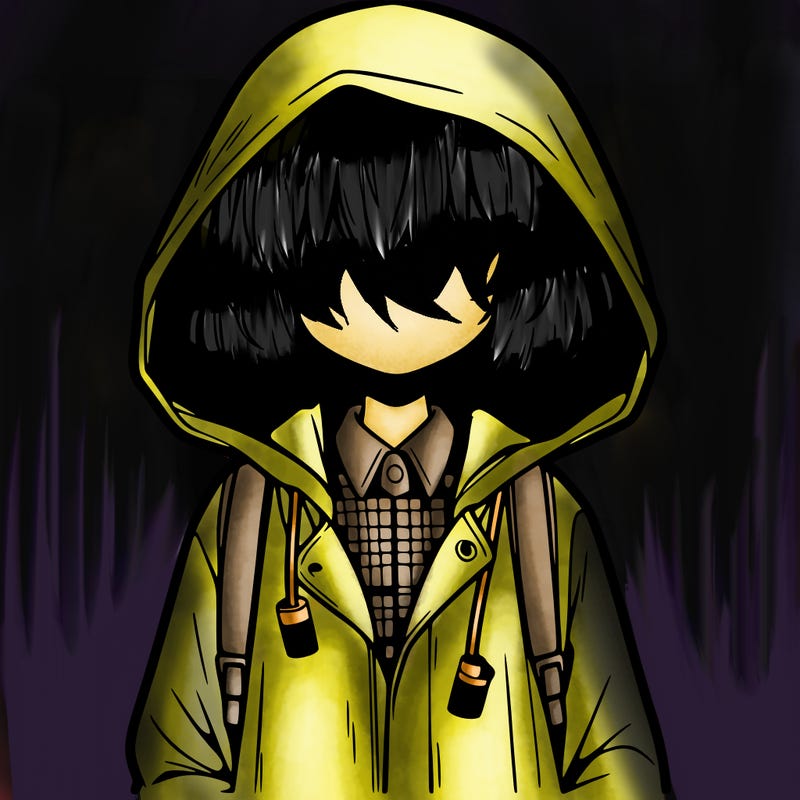 little anime girl in a raincoat her hair is covering her eyes she has a lighter
