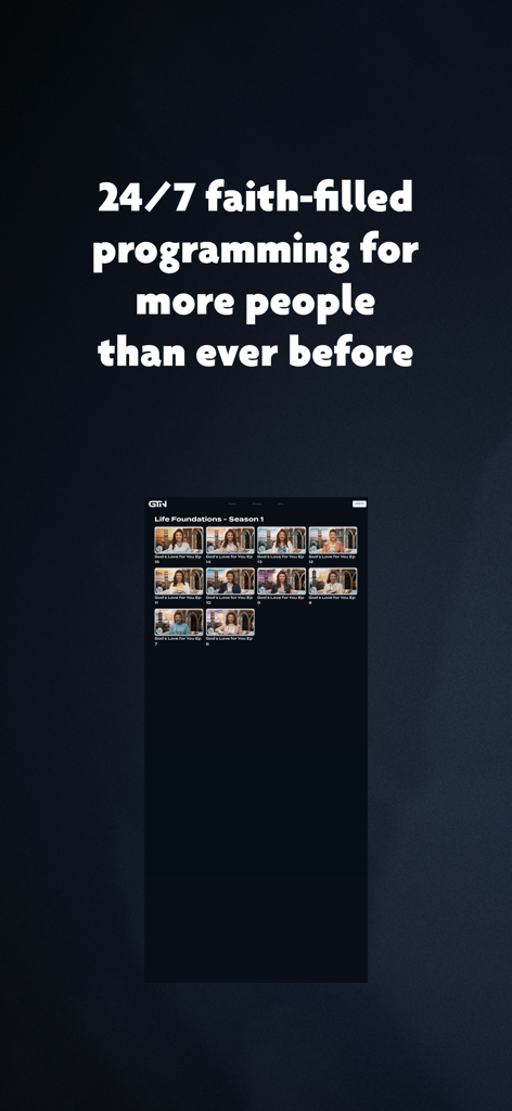Gospel Truth Network - Gospel Truth Network app displaying 24/7 faith filled programming and Life Foundations video series