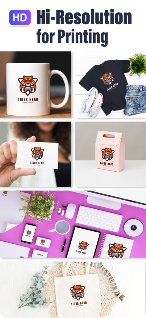 Logo Creator - Logo Maker App - A collection of mockups showing a tiger head logo on a mug, t-shirt, business card, and stationery to demonstrate high-resolution printing quality.