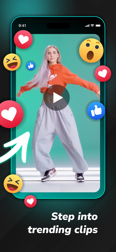 Schermata dello smartphone che mostra un video di danza virale con la funzione di scambio volti AI e icone di reazione dei social media