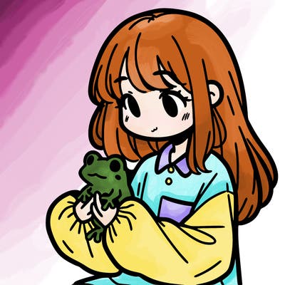 girl with long hair and a oversized shirt. and she is holding a frog