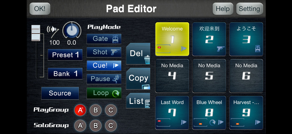 Interfaz del Editor de Pads de CueZy mostrando la configuración de los samples de audio, incluidos los modos de reproducción y las asignaciones de grupo