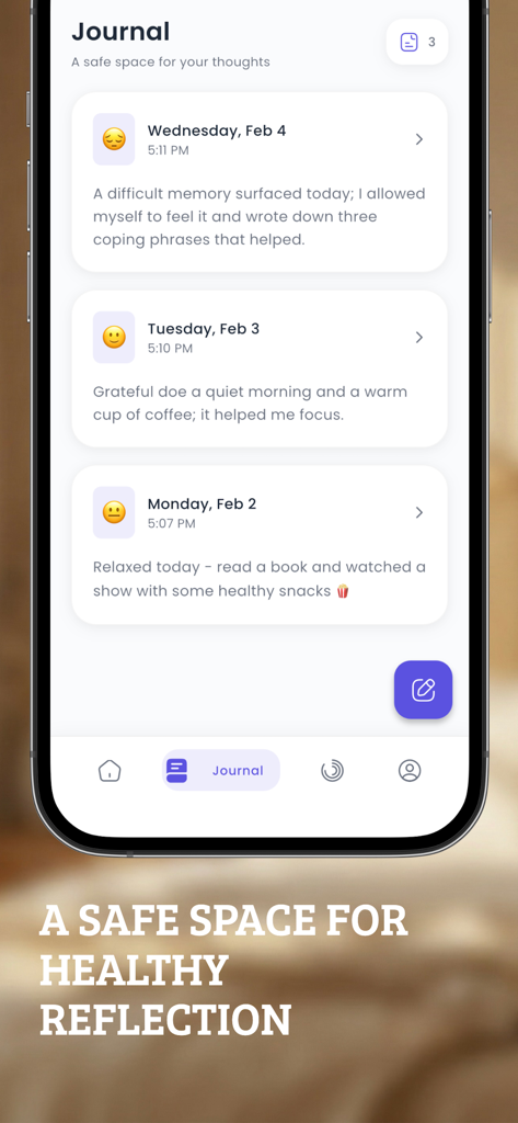 Écran de journal de l'application Recover montrant les journaux d'humeur quotidiens et les réflexions sur la santé mentale