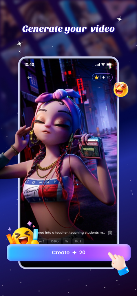 TopMediai app interface showing a 3D anime style character and a button to generate AI video