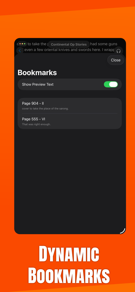 Alchemy: EPUB Reader & TTS - Interface of Alchemy EPUB Reader app showing the Dynamic Bookmarks feature with page numbers and preview text snippets