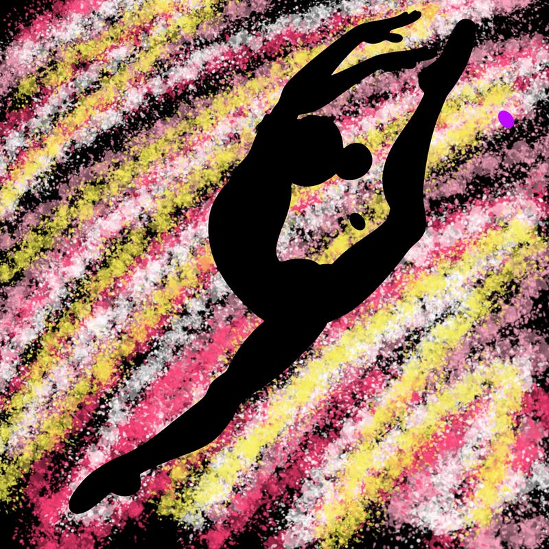 gymnast doing a leap in a leotard with a bent back leg