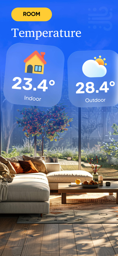 Real Thermometer & Temperature - Interfaz de la aplicación Real Thermometer mostrando lecturas de temperatura interior y exterior con un diseño limpio.