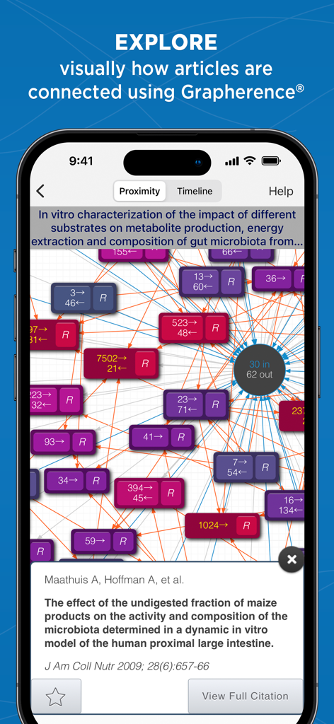 A visual network map of connected medical research articles using the Grapherence tool in the Prime app.