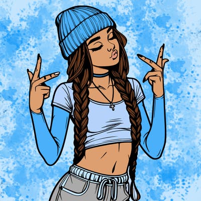 realistic teenage girl with braids and a beanie and crop top doing 🫶🏼