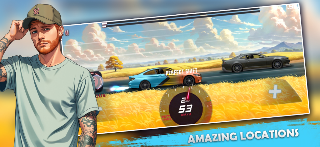 A 2D drag racing scene in Nitro Speed showing two cars on a sunny road through a field with a character illustration and speedometer UI