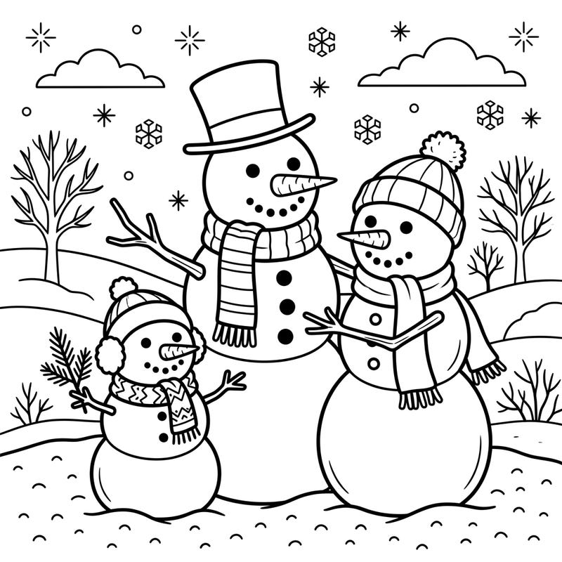 Gather your crayons for a heartwarming winter scene! This delightful coloring page features a happy snowman family, perfect for kids aged 4-8 to enjoy.