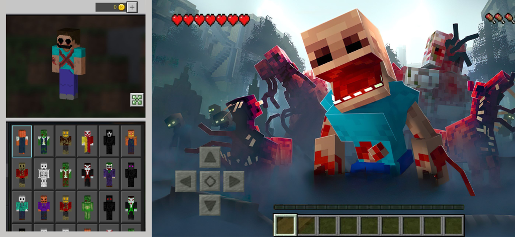 Horror Addons for Minecraft PE - Uma seleção de skins de personagens de terror e um monstro mutante gigante no Minecraft PE