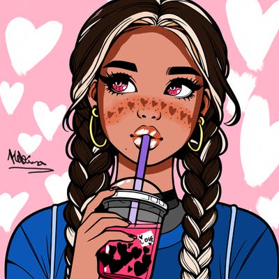 realistic girl with braided hair drinking boba