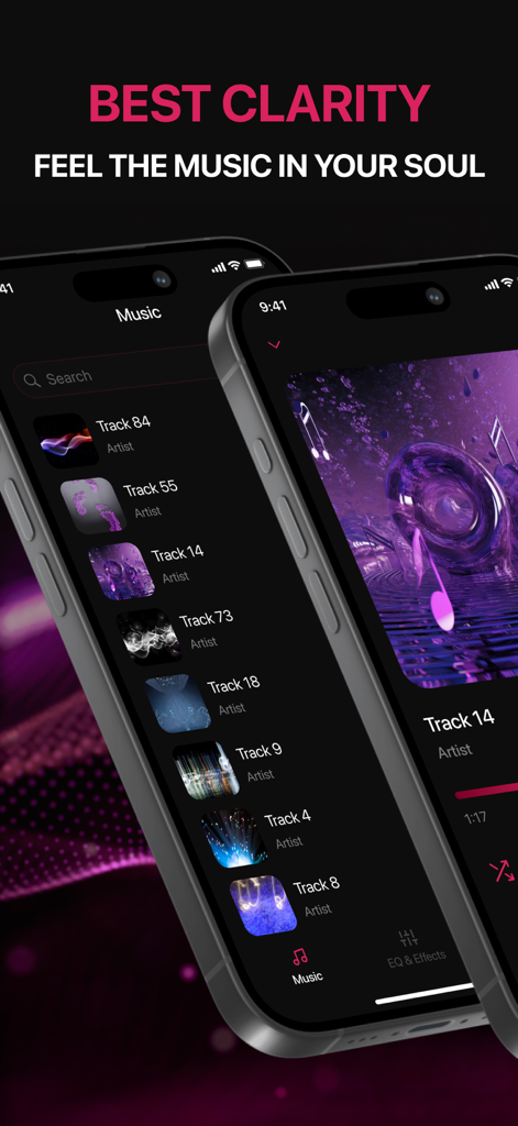 Dos iPhones mostrando la interfaz de la aplicación EQU Music Equalizer con una biblioteca de música y vista de reproductor.