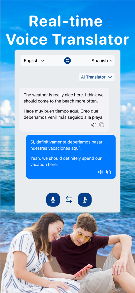 AI Translator: Translation App - Una interfaz de traducción de voz en tiempo real que muestra una conversación bidireccional entre inglés y español