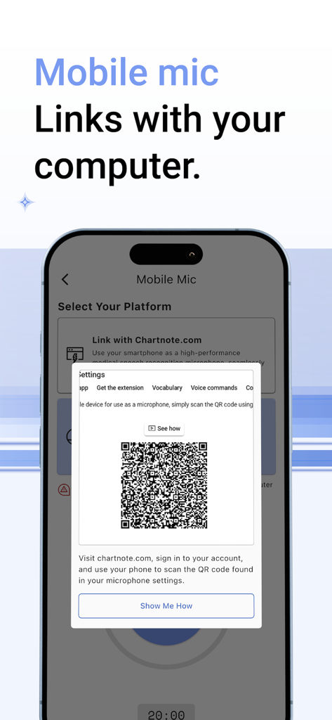 Chartnote app interface showing a QR code to sync a mobile phone as a microphone with a computer