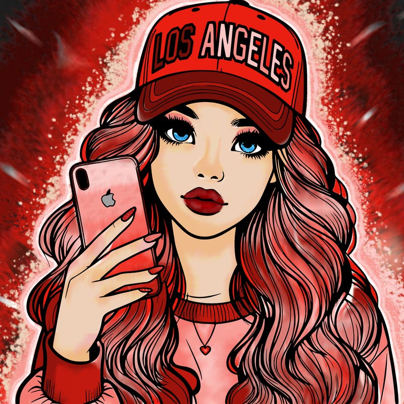 realistic beautiful girl wearing los ángeles cap holding an iphone