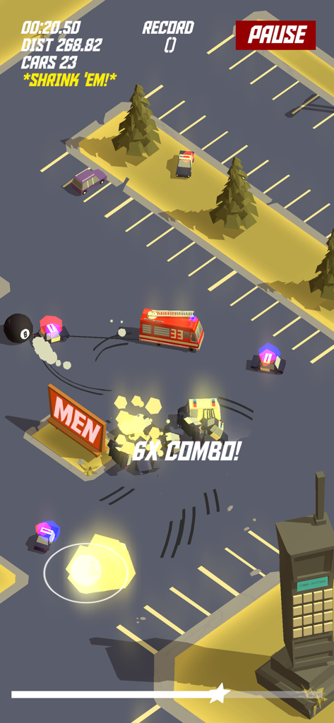 PAKO Forever - PAKO Foreverでの様式化されたカーチェイスのゲームプレイ、パトカーと爆発コンボが表示される。