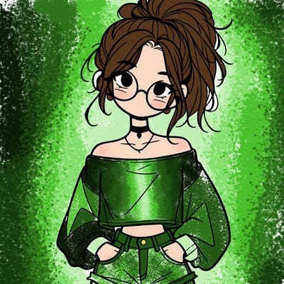 girl with a messy ponytail glasses a baggy crop top and jean shorts