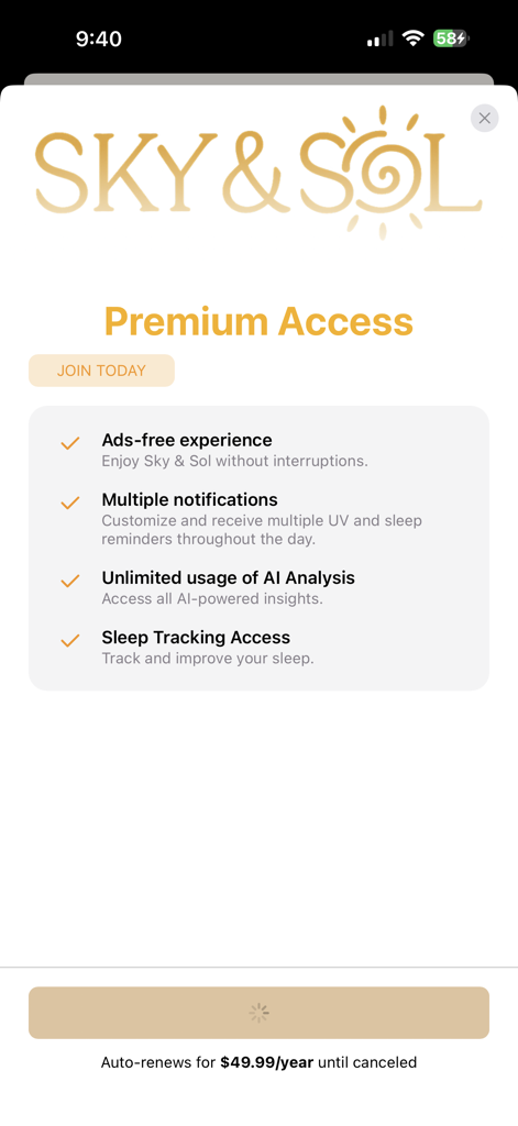 Tela de Acesso Premium do aplicativo Sky and Sol listando benefícios como experiência sem anúncios e análise de IA ilimitada por R$49,99 por ano