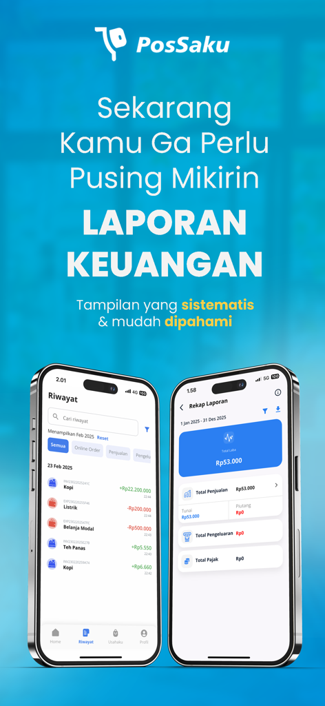 Kasir & Buku Kas PosSaku - PosSaku mobile app interface displaying transaction history and financial report summaries for micro-businesses.