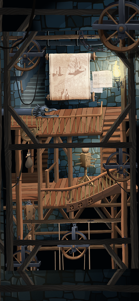 Card Thief - Stylized illustration of a medieval thief hideout with wooden platforms and maps