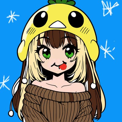 anime girl with chick shaped hat with sweater with bare shoulders with bangs covering them one eye with low tail