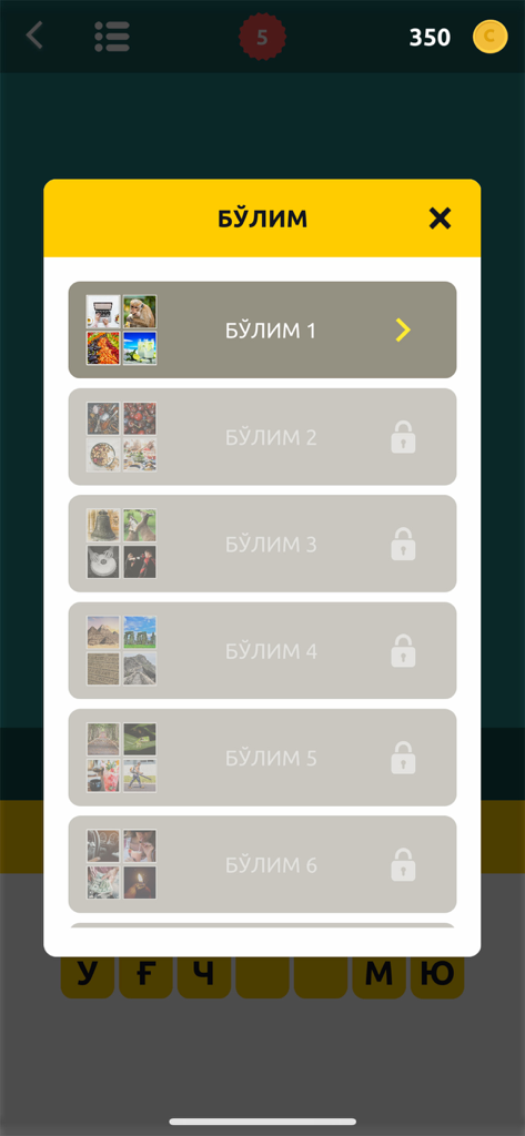 4 Rasm 1 So'z - Level-Auswahlbildschirm für die App 4 Rasm 1 So'z, der freigeschaltete und gesperrte Spielabschnitte zeigt