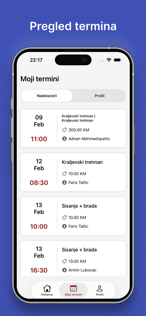 Casa Koba - Schermata dell'app Casa Koba che mostra un elenco di appuntamenti imminenti e passati con dettagli del servizio e orari.