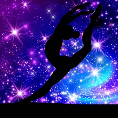 gymnast doing a leap in a leotard with a bent back leg