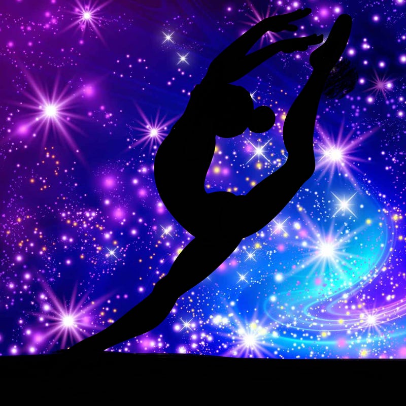 gymnast doing a leap in a leotard with a bent back leg