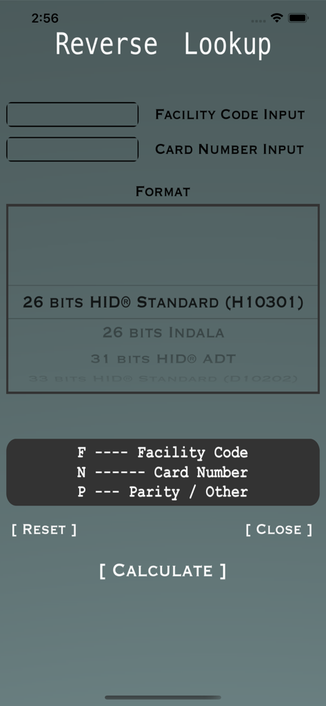 Proximity - Access Card Calc - Reverse lookup screen for calculating access card binary from facility code and card number.